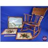 Image 1 : Combo : Rocking Chair & Framed Pictures (3) (Note : Chair missing seat pad) (Chair Measures: 32"H x 