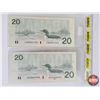 Image 2 : Canada $20 Bills 1991 (2) : - Knight/Dodge #EVW9431022 - Bonin/Thiessen #AVS0637995 (See Pics for Va
