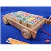 Image 2 : Vintage Wooden Alphabet Blocks (2 Varieties) (One Set in Pull Wagon) (4"H x 9"W x 12-1/2"D) (SEE PIC