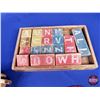 Image 3 : Vintage Wooden Alphabet Blocks (2 Varieties) (One Set in Pull Wagon) (4"H x 9"W x 12-1/2"D) (SEE PIC