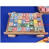 Image 4 : Vintage Wooden Alphabet Blocks (2 Varieties) (One Set in Pull Wagon) (4"H x 9"W x 12-1/2"D) (SEE PIC