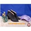 Image 1 : Ladies Combo: Purple Fascinator Hat; Size 8 Overshoes & Jar with Hat Pins; Lace Hook; Letter Openers