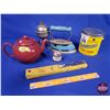 Image 1 : Vintage Kitchen Grouping : Tea Pot; Coleman Iron; Tenderflake Tin; etc! (Tin Measures: 5-1/2"H x 5"D