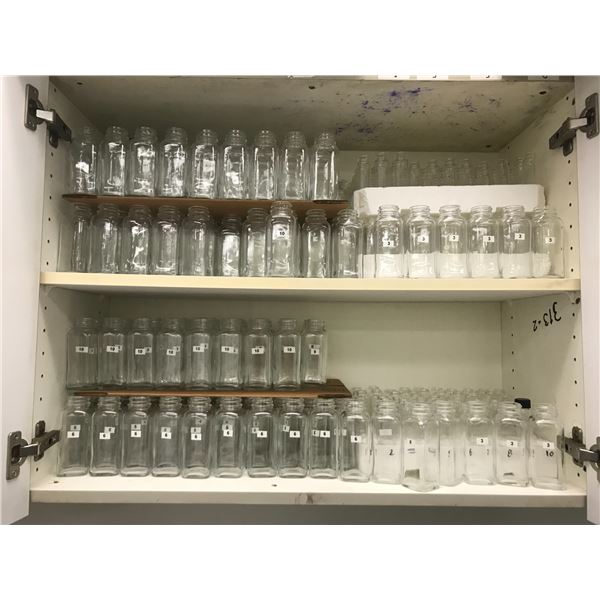 LARGE GROUP OF ASSORTED LAB SUPPLIES-5 CUPBOARDS OF BEAKERS, TEST TUBES, SPECIMEN JARS, ETC