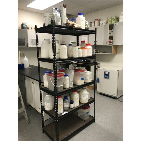 METAL 5 TIER SHELF UNIT AND CONTENTS - ASSORTED LAB CHEMICALS