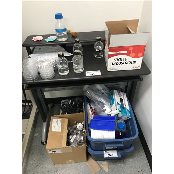 SMALL COMPUTER DESK AND ASSORTED LAB SUPPLIES