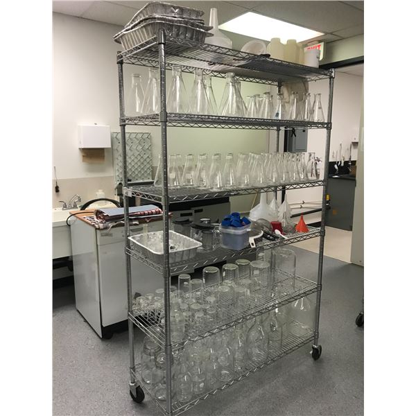 METAL ROLLING 6 TIER SHELF UNIT AND CONTENTS - ASSORTED BEAKERS, SPECIMEN JARS, ETC.