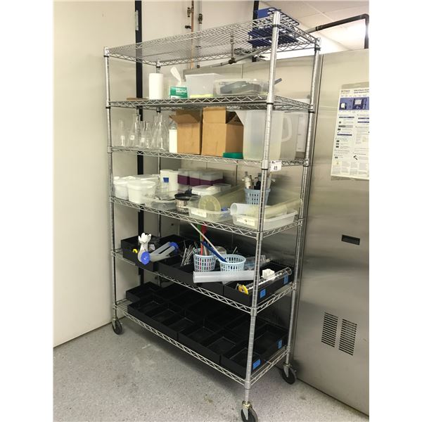 METAL ROLLING 6 TIER SHELF UNIT AND CONTENTS - ASSORTED BEAKERS, LAB SUPPLIES, ETC.