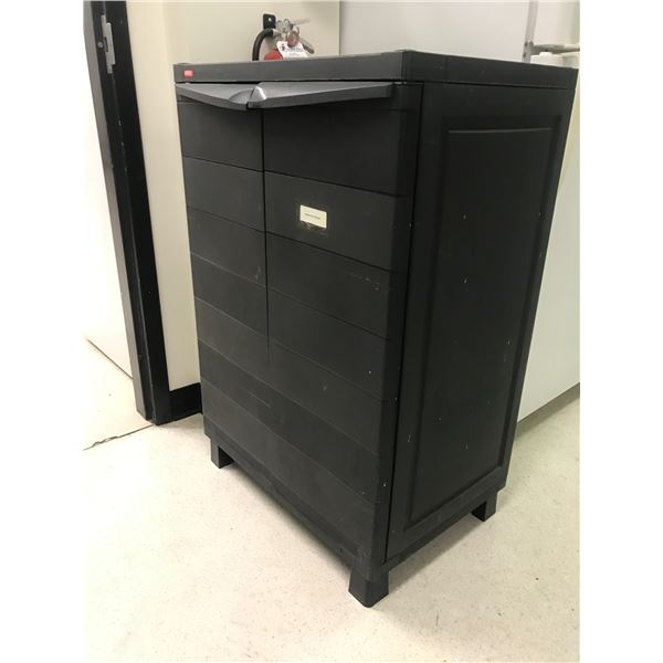 KETER BLACK PLASTIC SMALL STORAGE CABINET AND CONTENTS IF ANY