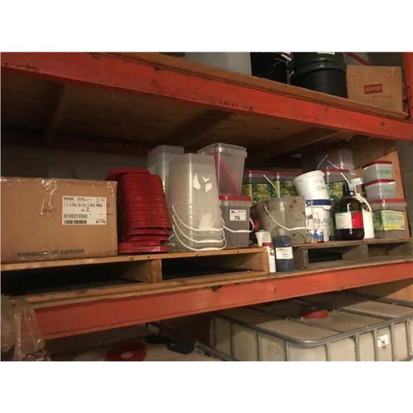 2 PALLET RACKING SHELVES FILLED WITH ASSORTED GROWING SUPPLIES, FERTILIZERS, ORANGE BLOWER,ETC