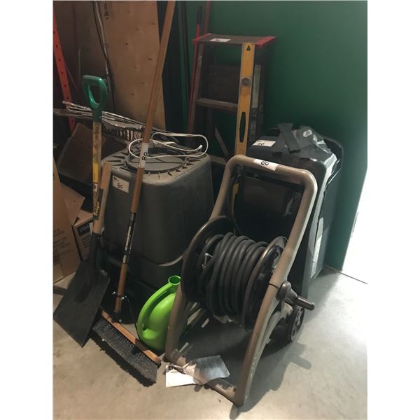 LARGE GROUP OF YARD ITEMS-LADDER, GARDEN HOSE W/REELER, SHOVELS, ETC