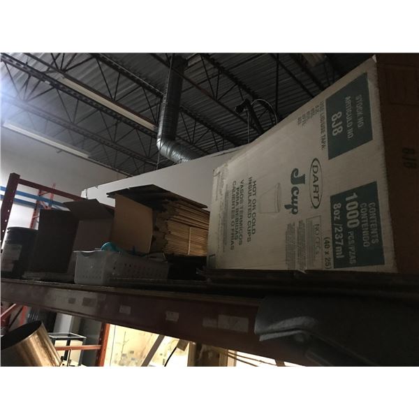 PALLET RACKING SHELF OF CORRUGATED CARDBOARD BOXES, HOT/COLD INSULATED CUPS, ETC