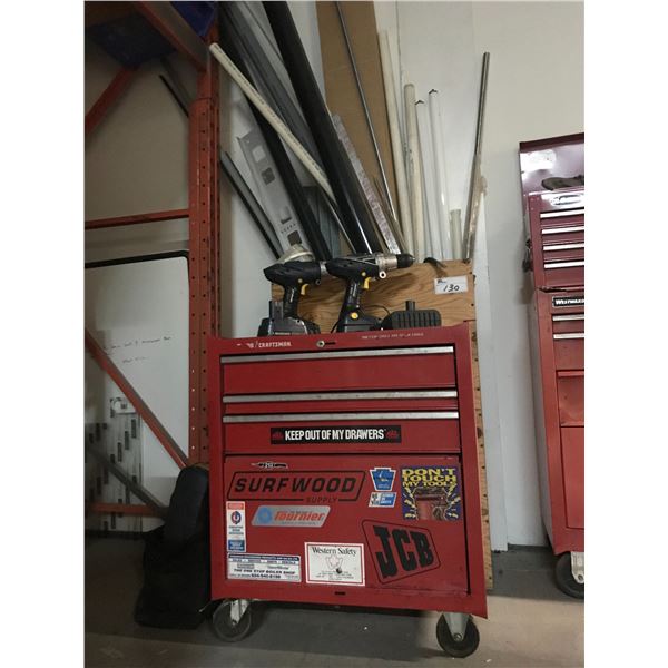 CRAFTSMAN ROLLING TOOL CABINET W/CONTENTS, MASTERCRAFT CORDLESS DRILL SET & BOX OF ASSORTED PIPE,ETC