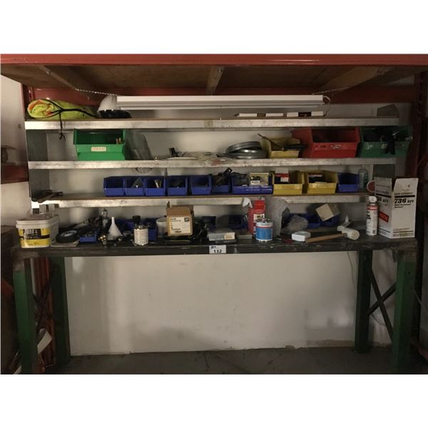 STEEL WORK TABLE WITH SHELVES AND ASSORTED TOOLS, HARDWARE,ETC-APPROX.8FT W X 6 1/2FT T X 2FT D