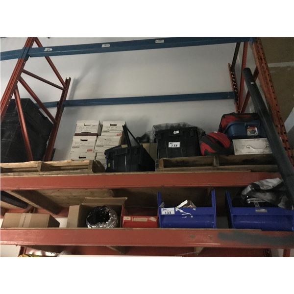 2 PALLET RACKING SHELVES FILLED WITH ASSORTED TOOLS, SHOP SUPPLIES, HARDWARE & MISCELLANEOUS