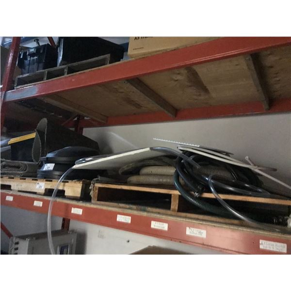 3 PALLET RACKING SHELVES FULL OF SHOP SUPPLIES, CORRUGATED BOXES, HARDWARE & MISCELLANEOUS