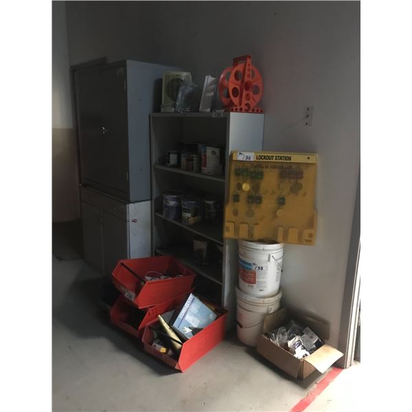 STORAGE CABINETS (1 METAL) AND METAL SHELF UNIT WITH CONTENTS-HARDWARE & MISCELLANEOUS