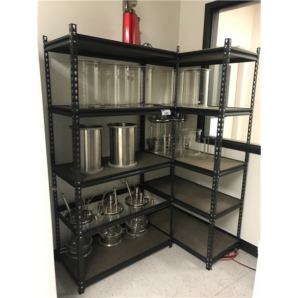 2 METAL SHELF UNITS W/NEW BRUNSWICK SCIENTIFIC FERMENTER/BIOREACTOR CONTAINMENT UNITS