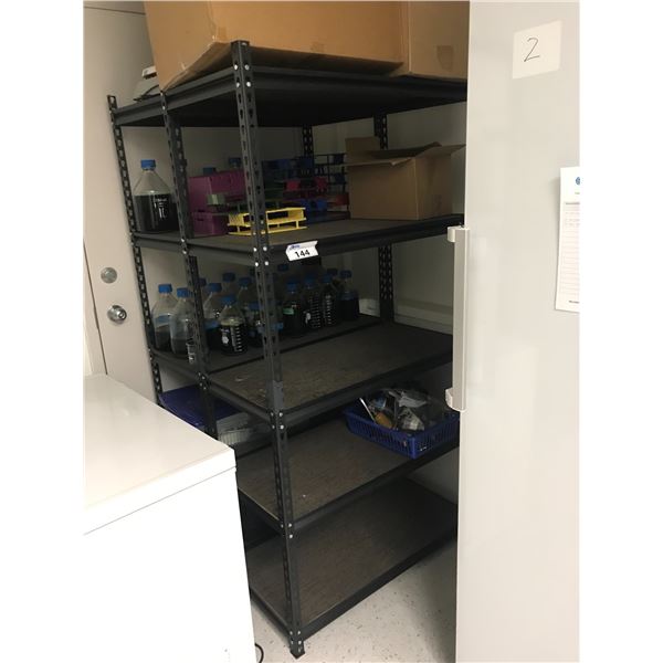 2 METAL SHELF UNITS AND CONTENTS-LAB HOTPLATE, ASSORTED HARDWARE, SPECIMEN CONTAINERS, ETC.