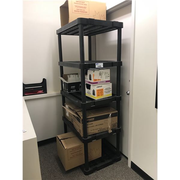 BLACK PLASTIC 5 TIER SHELF UNIT WITH ASSORTED OFFICE SUPPLIES-GARBAGE BAGS, PAPER TOWELS,ETC