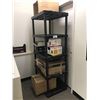 Image 1 : BLACK PLASTIC 5 TIER SHELF UNIT WITH ASSORTED OFFICE SUPPLIES-GARBAGE BAGS, PAPER TOWELS,ETC