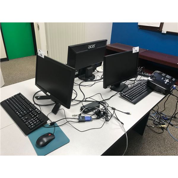 2 DESK RUN-OFFS, EPSON EX7200 MULTIMEDIA PROJECTOR, 3 COMPUTER MONITORS W/KEYBOARDS AND MOUSE