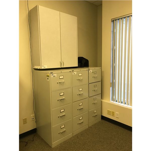 GROUP OF 3 HON GREY METAL 4 DRAWER FILING CABINETS AND WALL MOUNT CABINET