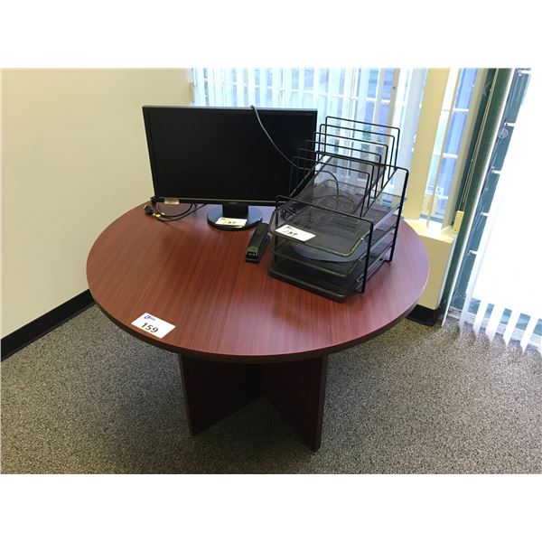 CHERRYWOOD FINISH 42" DIAMETER ROUND OFFICE TABLE W/MONITOR, STAPLER AND PAPER HOLDERS