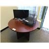 Image 1 : CHERRYWOOD FINISH 42" DIAMETER ROUND OFFICE TABLE W/MONITOR, STAPLER AND PAPER HOLDERS