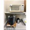 Image 2 : COFFEE STATION CONTENTS-KEURIG, DANBY BAR FRIDGE, MICROWAVE, ELECTRIC KETTLE, CUPS & DISHES,ETC