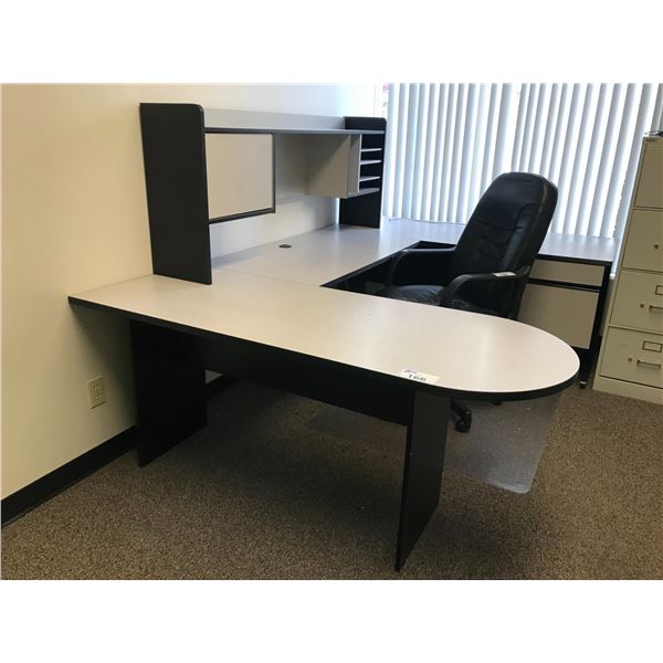 CONTEMPORARY GREY & BLACK U-SHAPED OFFICE DESK WITH HUTCH AND CHAIR