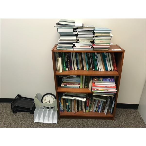 SMALL WOODEN BOOKSHELF WITH ASSORTED BOOKS AND MISCELLANEOUS ITEMS