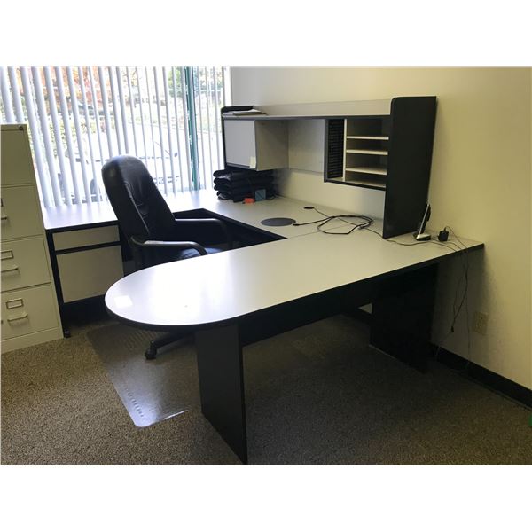 CONTEMPORARY GREY & BLACK U-SHAPED OFFICE DESK WITH HUTCH AND CHAIR