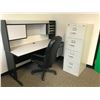 Image 5 : CONTENTS OF OFFICE-4 GREY & BLACK DESKS, 4 OFFICE CHAIRS, 1 FILLING CABINET, 2 MONITORS, ETC