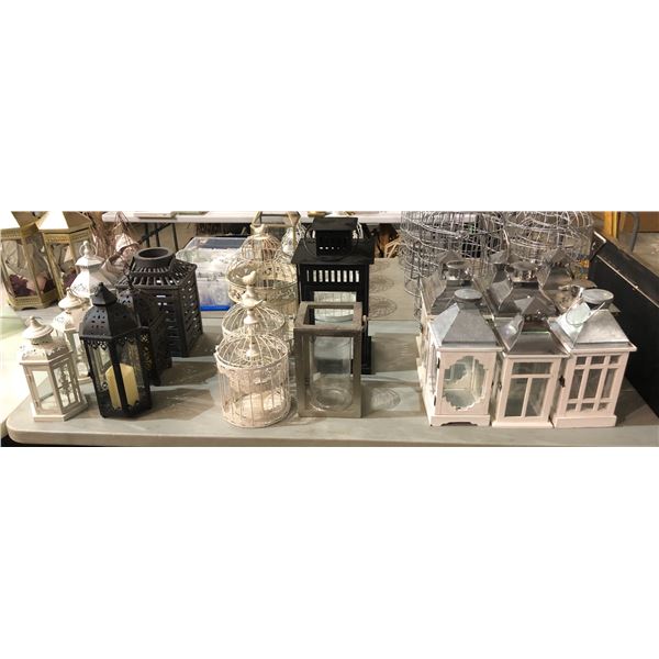 Group of assorted decor items including - various candle holders, lanterns, bird cage decor, etc...