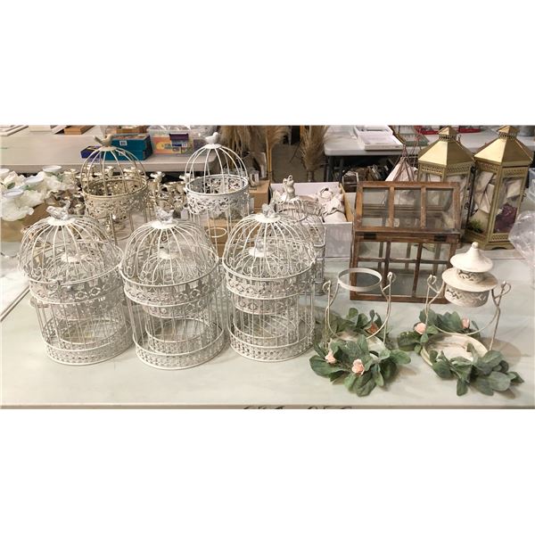 Group of assorted decor items including - decor bird cages, candle holders, etc...