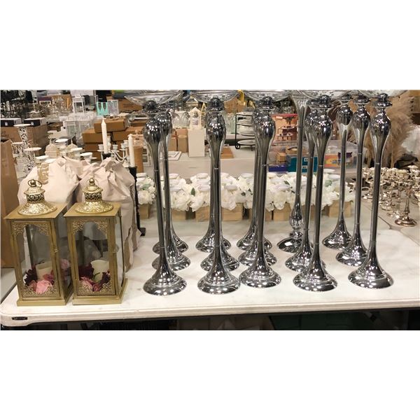 Group of assorted decor items including - tall candle stick holders, lanterns candle holders w/flowe