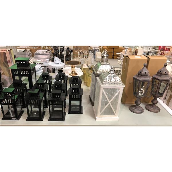 Group of assorted decor items including - approx. 10 candle lanterns & 1 tall, candle holders, & lan
