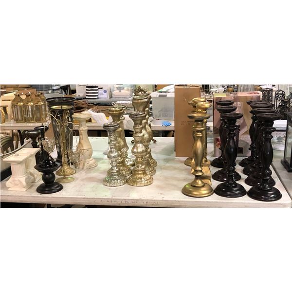 Group of assorted decor items including - various candle stick holders, flower pot, etc...