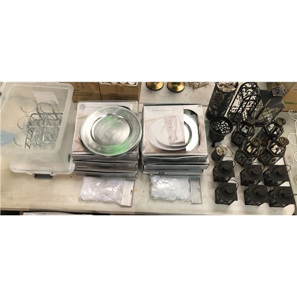 Group of assorted decor items including - approx. 6 boxes of silver chargers plates, large glass cup