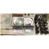 Image 1 : Group of assorted decor items including - approx. 6 boxes of silver chargers plates, large glass cup