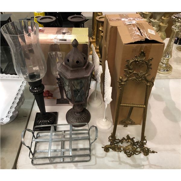 Group of assorted decor items including - easel stand, cup tray, floor hurricane lamp, lanterns, etc