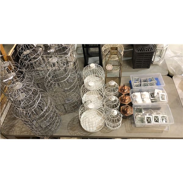 Group of assorted decor items including - decor bird cages, mini lantern candle holders, etc...
