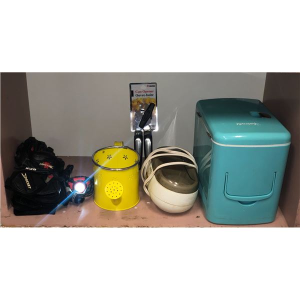 Group of misc items including - motorcycle gloves, small watering can, can opener, mini Astro ai fri