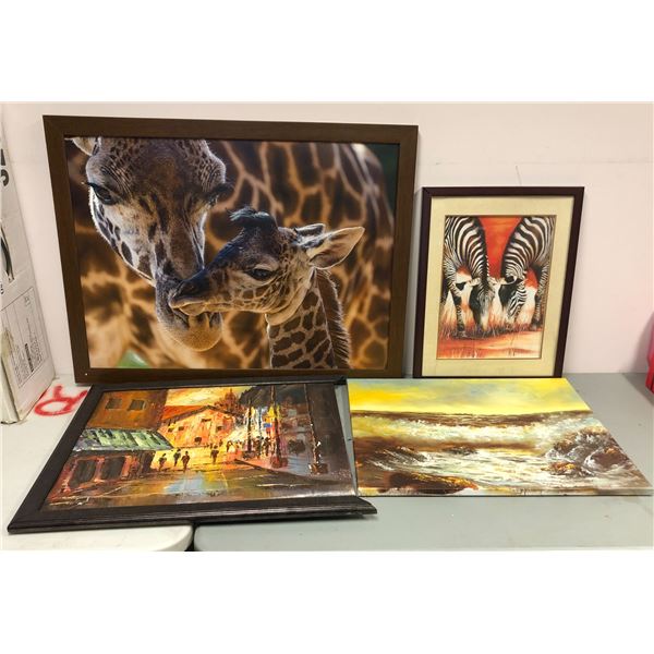 Group of 4 pictures/art 3 framed