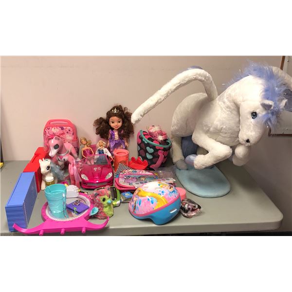 Group of kids toys including - barbies, my little pony, helmet, toy barbie car, etc...