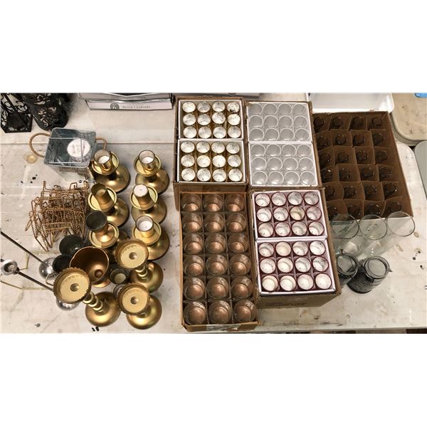 Group of assorted decor items including - candle handles. mason jars, candle stick holders, glass fl