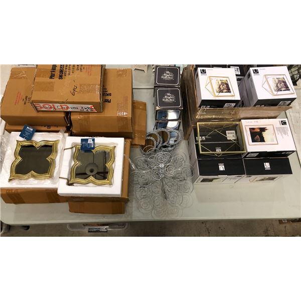 Group of assorted decor items including - Umbra Prisma glass photo display, 7x7in Gold mirrors, Silv