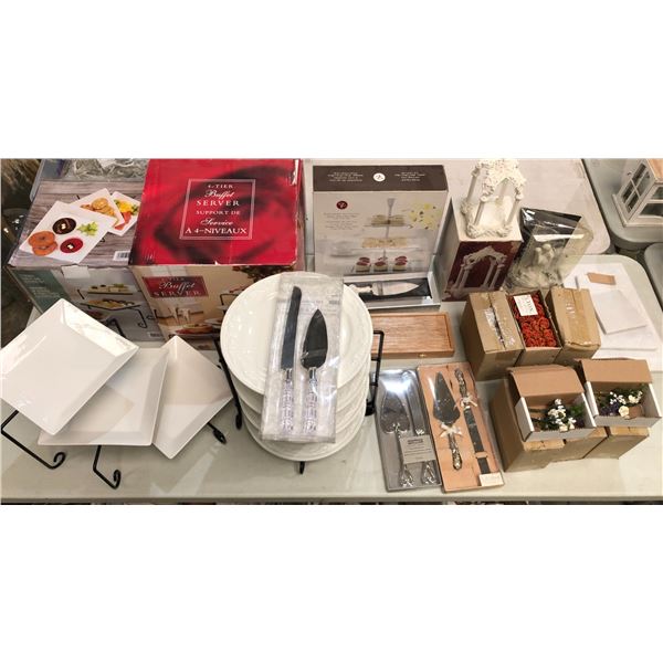 Group of assorted wedding/decor items including - 3 & 4 tier serving trays, cake & knife set, bouton