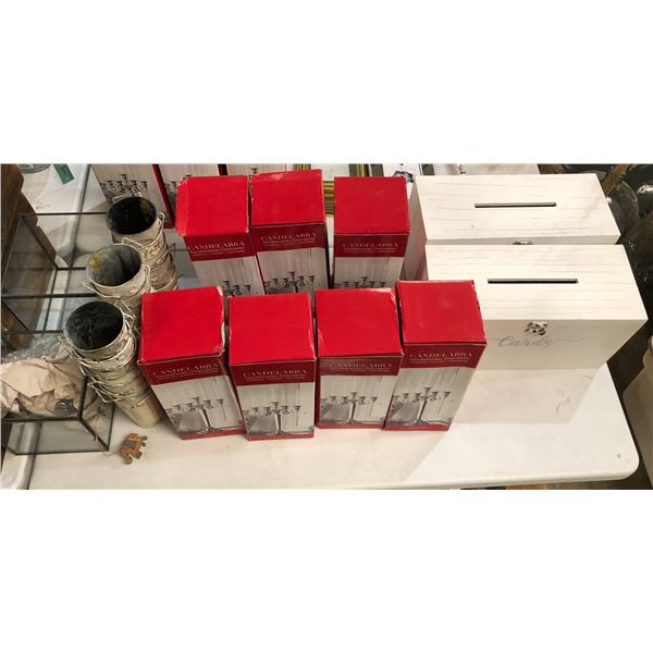 Group of assorted wedding/decor items including - approx. 7 Candelabra candle holders, 2 card boxes,
